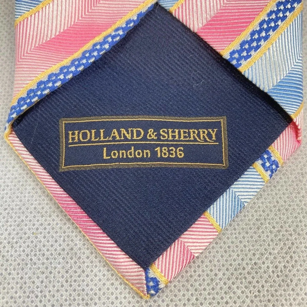Holland & Sherry‎ Tie Mens Blue Pink Striped Pointed Tie 100% Silk